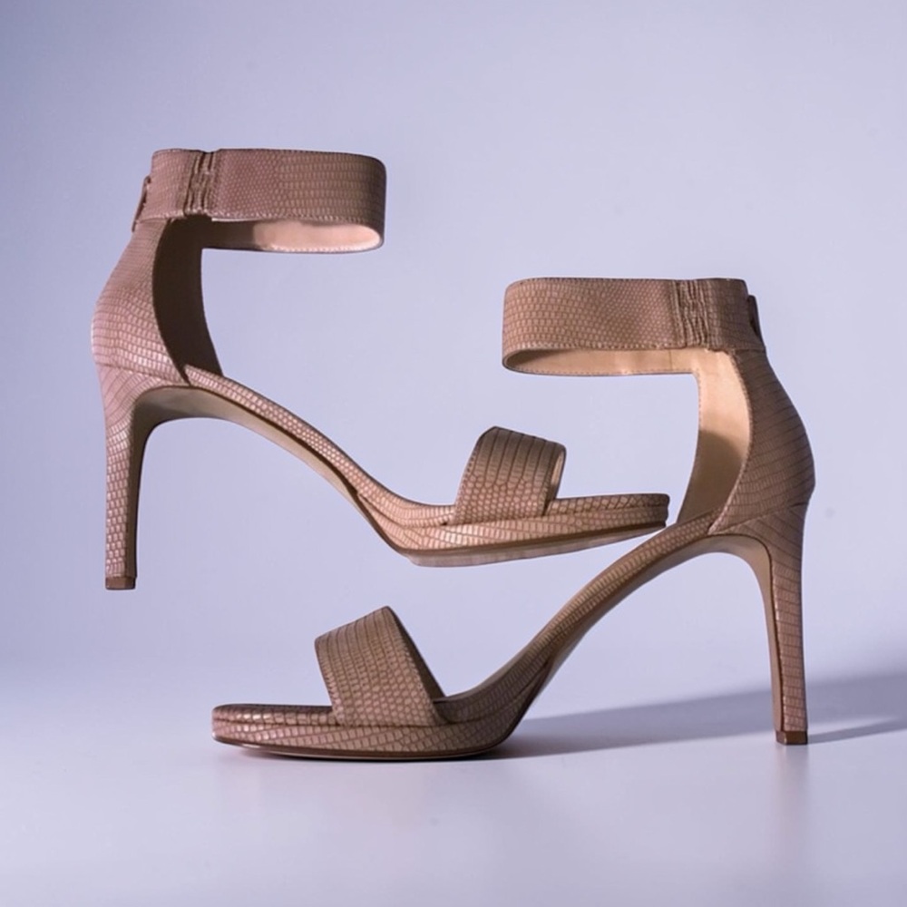 Nine West Snake Print High Heel Sandals – Beige Ankle Strap Heels size 8.5